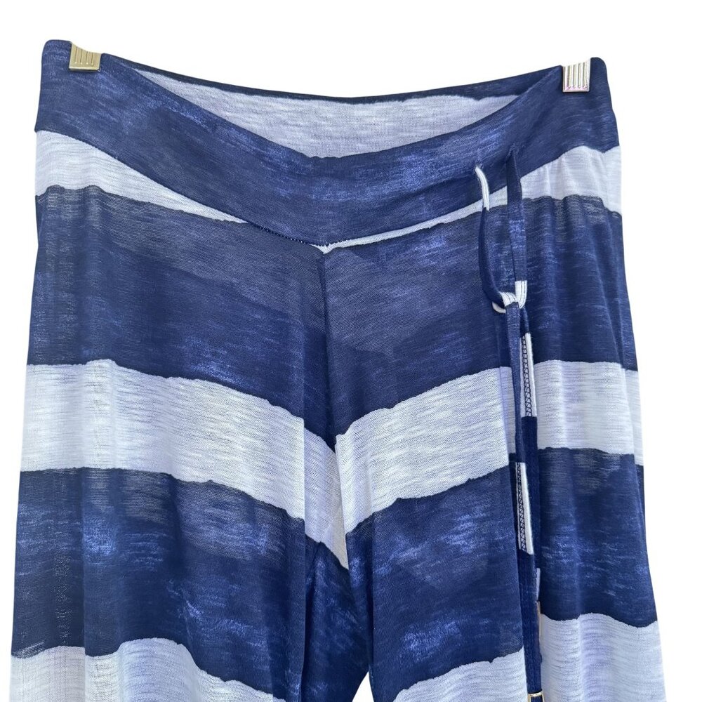 Letarte Women's Handmade Stripe Navy Blue White Sheer Wide Leg Swim Cover Up M - Picture 3 of 10